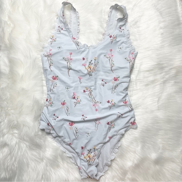 ✨ Jane Flirty Pastel Blue Scalloped Double Lined Vintage Floral One Piece Sz S - Picture 3 of 9